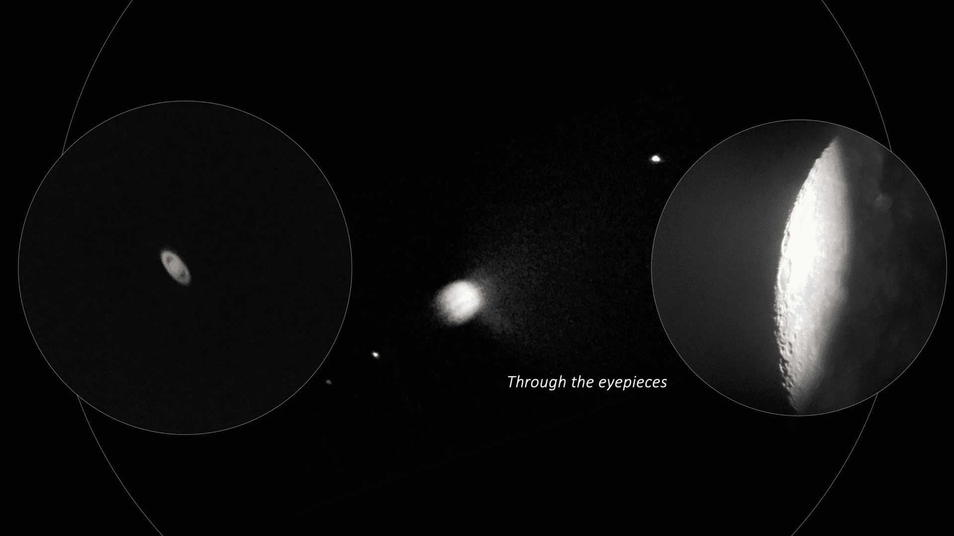 Three celestial objects viewed through telescopes: Saturn, a diffuse nebula with text "Through the eyepieces," and a close-up of the moon's surface.